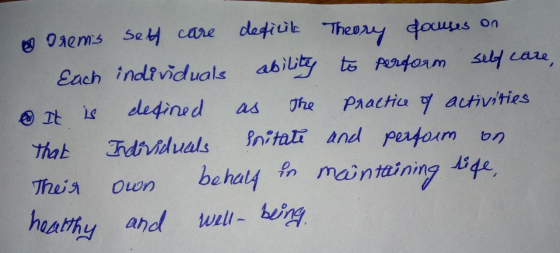 Orems self care deficit Theory focuses on Each individuals ability to perform self care, . It is defined as The Practice of a
