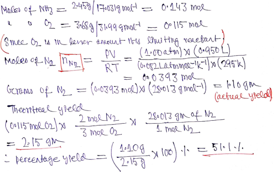 Moles of Nitz = 2459/1700319 most = 0.143 mol t o y = 3489131.999malt = 00115 mol (Sinee O2 is in lener amount this limiting