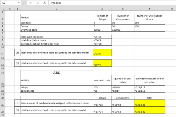 C2 X fProduct Number of Number of Number of Direct Labor Product Setups Components Hours Standard Deluxe Overhead cost 30 650 150 120000 total overhead costs total direct labor hours overhead cost per direct labor hour D5+E5 F3+F4 D7/D8 10 (a) total amount of overhead costs assigned to the standard model 12 (b) total amount of overhead costs assigned to the deluxe model 13 14 15 ABC quantity of cost overhead costs per unit of activity overhead costsq driver cost driver 16 17 18 19 20 setups components D17/E17 D18/E18 -D5 D3+D4 E3+E4 setups components total (ctotal amount of overhead costs assigned to the standard model 21 F17 D3 F18 E3 -D21+E21 (d) total amount of overhead costs assigned to the deluxe model F17 D4 F18 E4 D22+E22