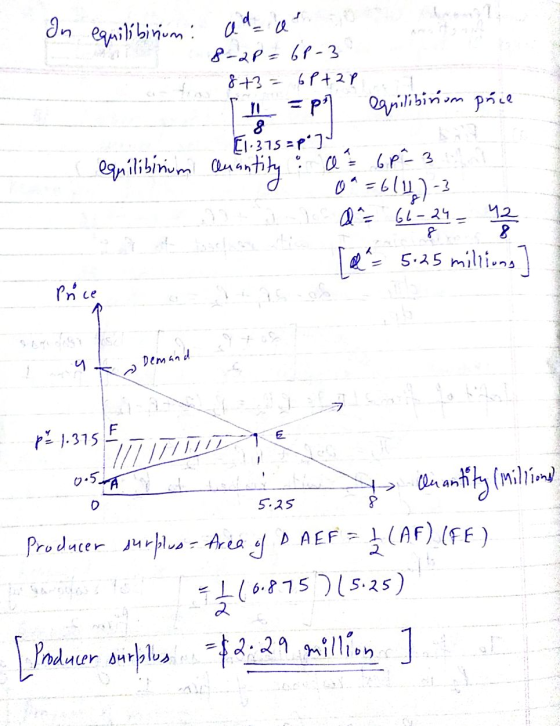 In equilibinum! ad ut 8 - 2P = 6P-3 8 +3 6P+2 p =pl equilibinum pril 8 [1.315 Ep 1 i ca 6P²3 equilibrium Auantity 0=614) -3