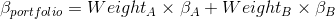 \beta_{portfolio} = Weight_{A} \times \beta_{A}+Weight_{B} \times \beta_{B}