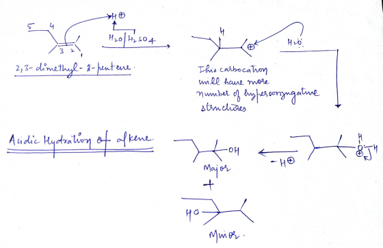 HO 04 H20 2, 3-dimethyl-2-pentene. This carbocation will have more number of hypercongngative structures Acidic Hydration of