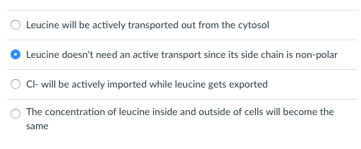Leucine will be actively transported out from the cytosol 0 Leucine doesnt need an active transport since its side chain is non-polar CH WI will be actively imported while leucine gets exported The concentration of leucine inside and outside of cells will become the same