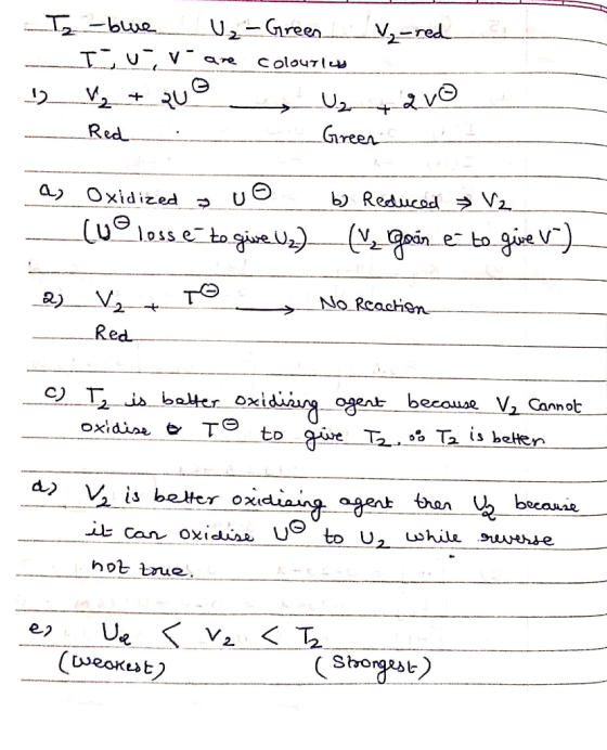 Iz -bue U₂ - Green V₂-red _-I uivare colourlet 2 V₂ + Que U₂ avo - Red Green a Oxidized uo (uo losse to give U₂) b) Reduced V