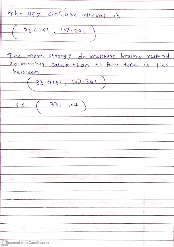 he ggf. Confidence interval is ( 33.4151, 107.341 The more strongly do monkeys brains respond to monkey cause than to pure to