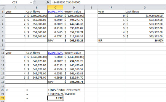 C22 fic =1+388296.71/1640000 А 1 year year Cash flows pv@11.74% Present value 0 $(1,800,000.00) 1.0000 $(1,800,000.00) 1 $ 55