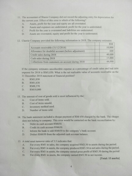 11. The sccountant of Shams Company did not record the adjusting entry for depreciation for the current year. Eflect of this
