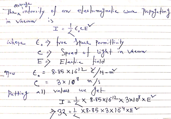 un The intensity of an electromagnetic wave propagating in Vaeuum I=LCEV where E. - free space permittivity e - Speed of lig