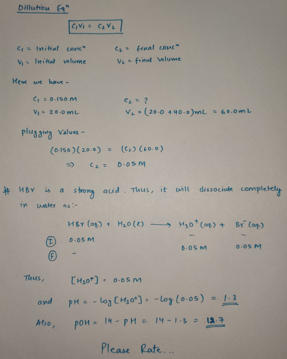 Dillution can CIVI = C2 V2 | c = Initial Vi = Initial conch volume (2 = final conch U₂ = final volume Here we have C = 0.150m