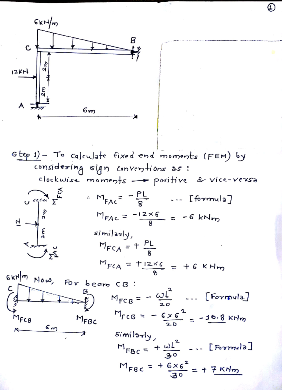 6kN/m B c 12 KN А 6 m Step 1) - To calculate fixed end moments (FEM) by considering sign conventions as : clockwise moments >