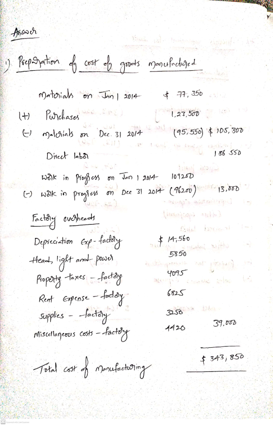 Answer 1 Preparation of cost of goods manufactured $ 77, 350 materials on Jan | 2014 1+ Purchases t matcrials on Dec. 31 2014