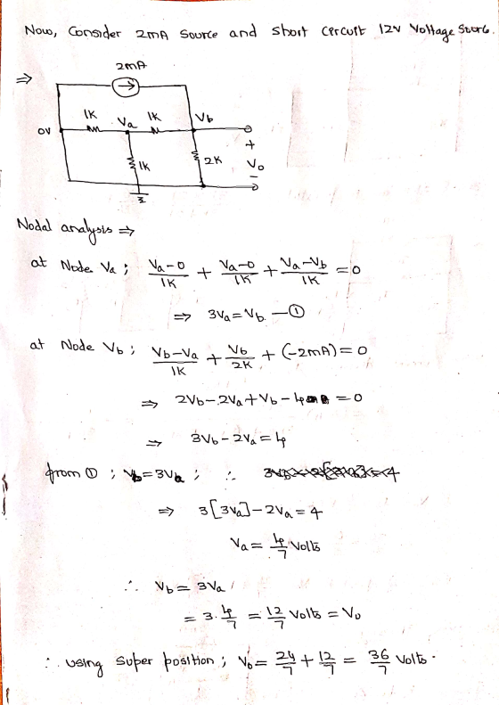 Now, Consider IMA Source and short Cercuri 12v Voltage Sterce 2MA IK IK Va VE OV 4 2K Ik si Nodal ☆ analysis at Node. Va ; Va