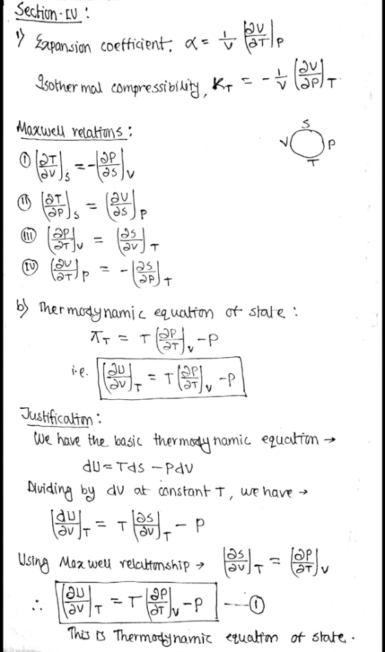 Section - LV : i bu. y Expansion coefficient, a = Corp Sother mal compressiblwing, Kr= - + (0) Maxwell relations ; C (3u o Po