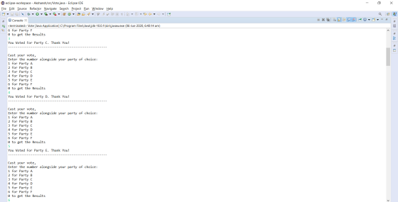 - eclipse-workspace - Akshansh/src/Vote.java - Eclipse IDE File Edit Source Refactor Navigate Search Project Run Window Help