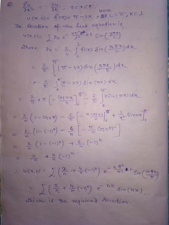 du at 2x2 = Here du s rocact u(x,0) = f(x)= π - 3x 80 L = TK = 1 The solution of the heat equation is, sin (7) 2 sfx) sin. (2