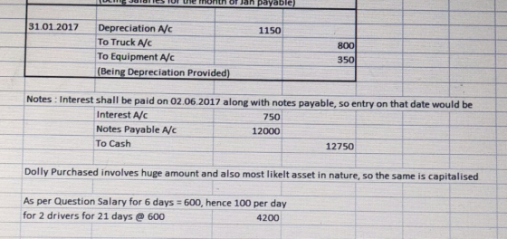 16 JUIOTICS II le mon Jarl payable) 31.01.2017 1150 Depreciation Ac To Truck Ac To Equipment A/C (Being Depreciation Provided