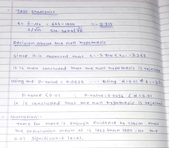 . ssing L=0.01 & t=-3.914 Test Statistics tax-elo 664 - 1000 =- 3.914 sin 210-26741 Decision about the null hypothesis since
