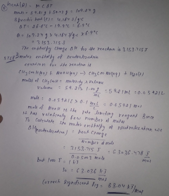 sheah (0) = M COT mass = 59.21 g + 50.03 g = 109.24g Specitic heah (C) = 4,184 3/g.c. AT= 26.8°C - 19.9°C = 6.9°C 0-109.24 g