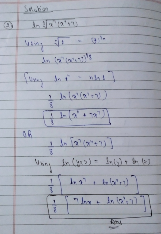 Solution 2 Using ازدواج ) على [uring dn In oth a hlat 8 I ln 2 +90 an 8 8 OB I In [a? (x+7) uring In (4x2) = ln(y) + ln (2)