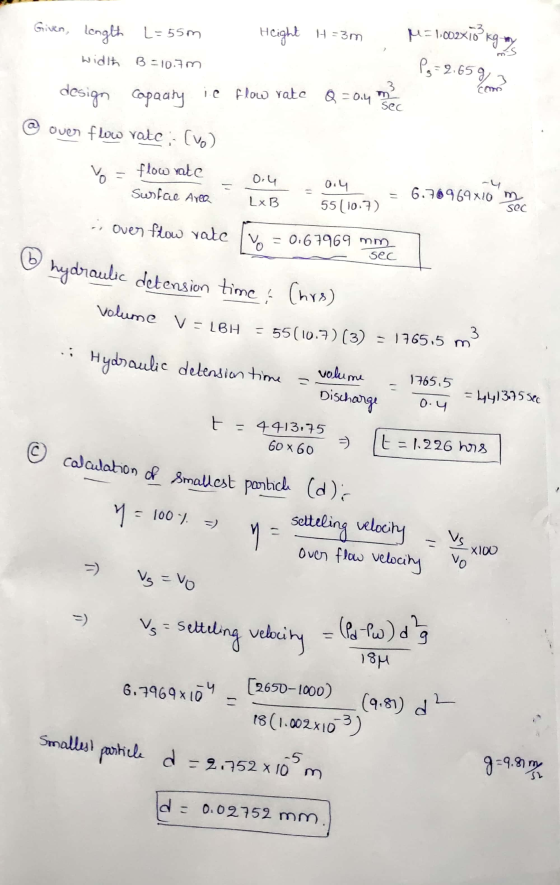 Po=2.6592 1 Given, length L = 55m Height H=3m M=1.002x1ő kg my width B=10.7m design capacity ie flow rate Q=0.4 m2 @ over flo