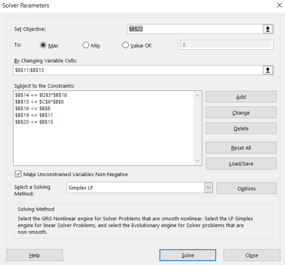 Solver Parameters Set Objective: $B$22 То: бMax O Min O Value of: By Changing Variable Cells: $B$11:$B$15 Add Subject to the