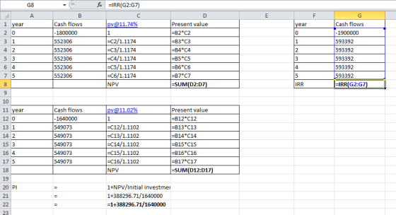 for IRR(G2:G7) G8 A 1 year 20 31 42 pv@11.74% в Cash flows -1800000 552306 552306 552306 552306 552306 D Present value =B2*C2
