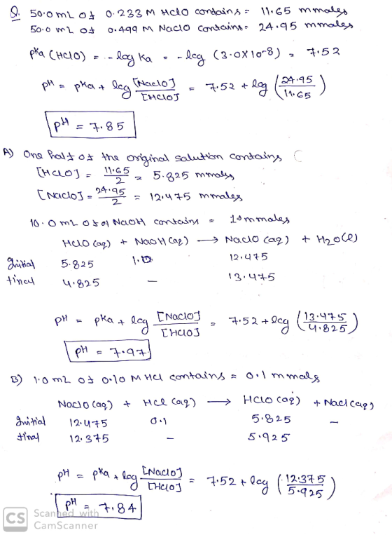 O. 5000m2 of 0.233M Hclo contains = 11.65 mmales 50.0 m2 of 0.499 m Naclo contains: 24.95 mmales ba (Ho) -- Rau Ka • - da (3-
