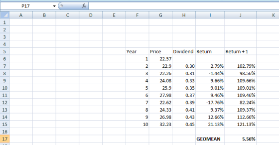 P17 A - B C E G H Year Return + 1 Price Dividend Return 22.57 2 22.9 0.30 2.79% 3 22.26 0.31 -1.44% 4 24.08 0.33 9.66% 25.9 0