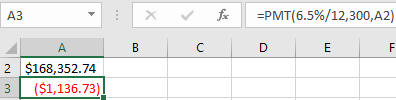 A3 E fc C =PMT(6.5%/12,300,A2) D E B F A 2 $168,352.74 3 ($1,136.73)!
