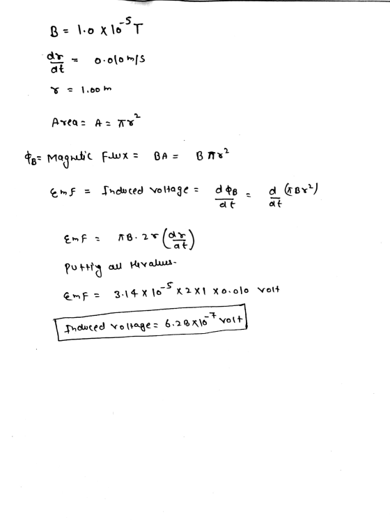 B=1.0 x 10-5T dr at Oolomis 8 1.60 m Area = A=58² 48= Magnetic fx BA= B Tr? Emf = Induced voltage = d&B at d GBx²) at Emf a 8