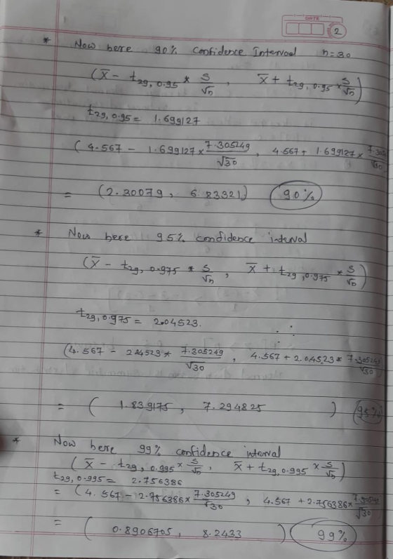Now bere 90% Confidence Internool n=30 (x- tag, 0.95 x+ trg, 0.95 t29, 0.95= 1.699127 ( 4.567 1.6.99.12.7 x 7.305249 √30 4.56