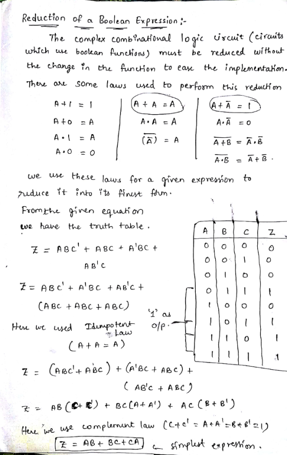 Reduction of a Boolean Expression ;- The complex combtnatlonal logc iscuit (ciruuta e compex wtích uut booan unchions) must de reduced wthout the change n the fun 내 on to ease the ·mplementakon. There ou some laws d to perform this redueti om A. A =0 (А) = A A·B = AtB. twe wse Hhese laws for a ven expreon to twe have the tuth toble . 0 A B C CA8C ABcAec . 1 as 0 A+A=A (Aec + A BC