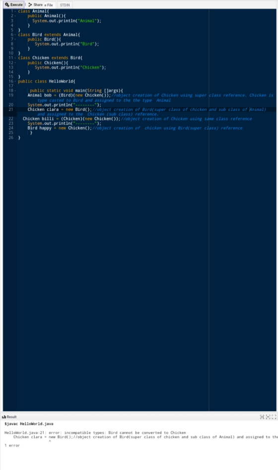 1 } 5 } Execute > Share e File STDIN class Animal 2. public Animal 3 System.out.println(Animal); 4 } 6. class Bird extends