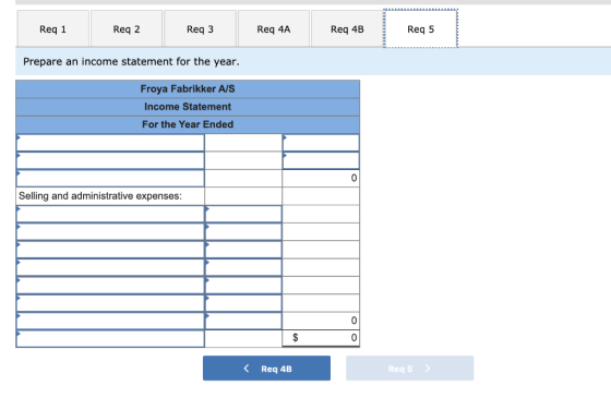 Req 1 Req 2 Req3 Req 4A Req 4B Reg 5 Prepare an income statement for the year. er AS Froya Fabrikker A/S Income Statement For