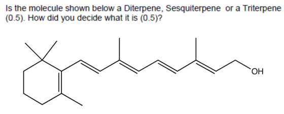 Is the molecule shown below a Diterpene, Sesquiterpene or a Triterpene (0.5). How did you decide what it is (0.5)? OH