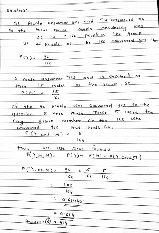 solution. 92 كولية So the People no. ond answered yes 74 answered total noot people ons wering the group g2+ 74 people to :