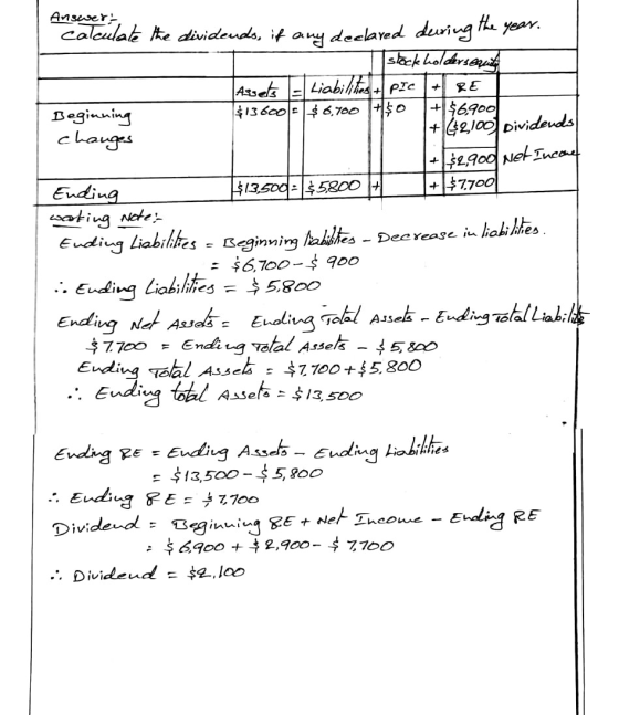 + Answer: calculate the dividends, it any declared during the year. stockholderseries Assets Liabihtes - PIC TIRE Beginning $