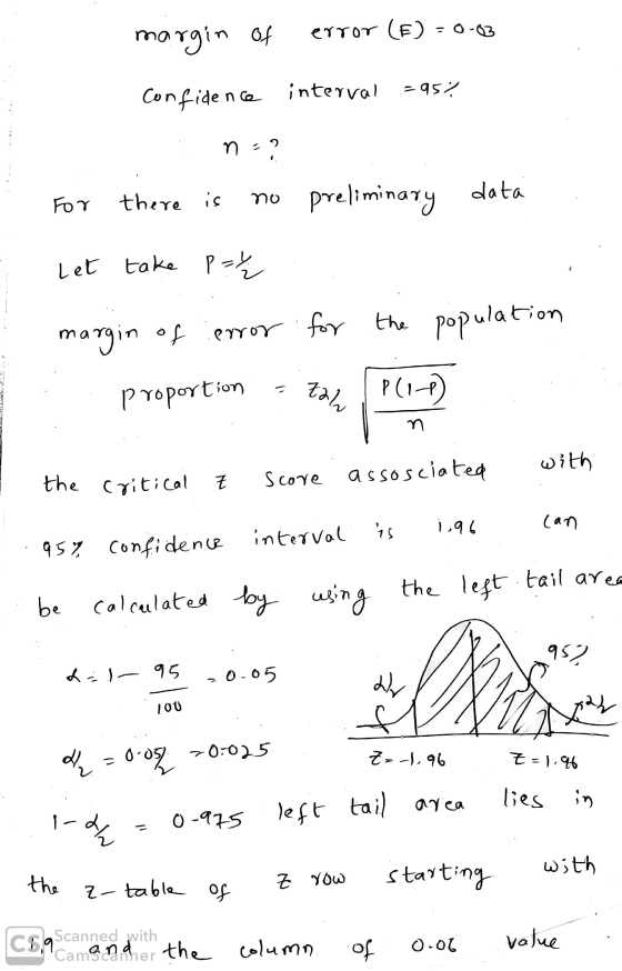 margin of error (E) - 0-03 Confidence interval =95% n? For there is no preliminary data Let take P=₂ margin of error error fo