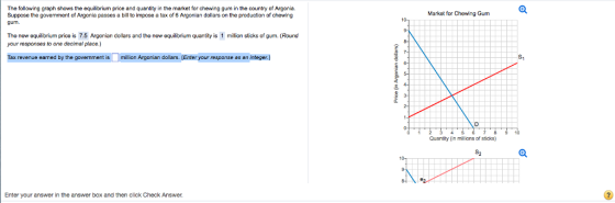 The following graph shows the equilibrium price and quantity in the market for chewing gum in the country of Argonia. Suppcse the govemment of Argonia passes a bill to impose a tax of 6 Argonian dollars on the production of chewing gum. Market for Chewing Gum The new equilibrium price is 7.5 Argonian dollars and the new equilibrium quantity is 1 million sticks of gum. (Round your responses to one decimal place.) Tax revenue earned by the government is million Argonian dollars. (Enter your response es an integer.) S1 Quantity (in millions of sticks) S2 Enter your answer in the answer box and then click Check Answer.
