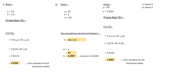 a) Given = b) Givena Given = c) Option D d) Option A = 69 = 0.2800 y = 69 = 2.8 Ha 69 o = 3 n = 100 P(less than 76)= P(less t