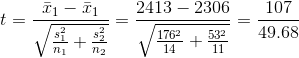 t=\frac{\bar{x}_1-\bar{x}_1}{\sqrt{\frac{s_1^2}{n_1}+\frac{s_2^2}{n_2}}}=\frac{2413-2306}{\sqrt{\frac{176^2}{14}+\frac{53^2}{11}}}=\frac{107}{49.68}