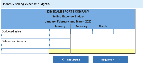 Monthly selling expense budgets. DIMSDALE SPORTS COMPANY Selling Expense Budget January, February, and March 2020 January Feb