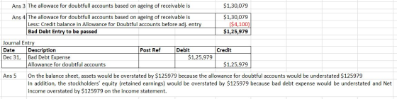 Ans 3 The allowace for doubtfull accounts based on ageing of receivable is $1,30,079 Ans 4| The allowace for doubtfull accoun