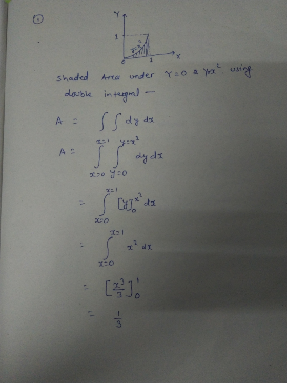 0 1 shaded double A = Ared under r=0 a yox? using intergral - ([dy dx ) A Is dydx x20 Y=o - 0 2² da - اس