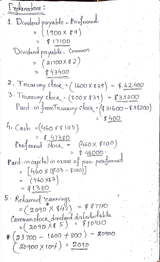 frplanchons : . 1. Dividend payable - Preferred - (1900 x $9) 3 $17100 Dividend payable. Commons D (21700 XP 2) = $43400 a.