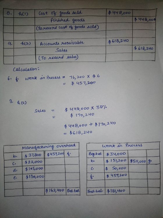di h(1) $448,000 Cost of goods sold - finished goods (To record cost of goods sold) $ 448,000 9 h(2) $ 618,240 Accounts recei