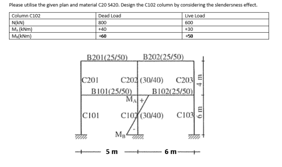 Please utilise the given plan and material C20 S420. Design the C102 column by considering the slendersness effect. Live Load