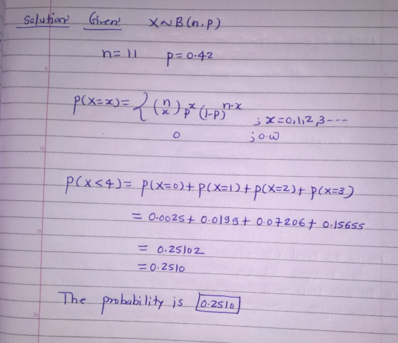 Solution Giren xwBop) n=1 p=0.42 5 p(x==3= {(62)824p)** 3X=0,1,2,3--- jo.w 10 p(x34)= P(x=o)+ P(x=1) + p(x=2)+ p(x=3) = 0.00