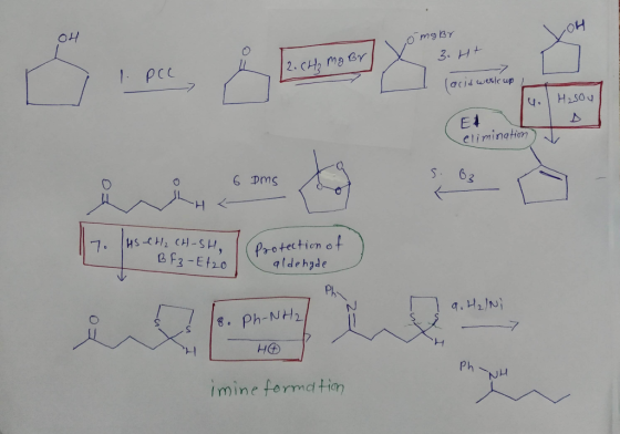 o mgbr 4 2. CH₂ mg Br X 3.H+ 1. pct I I lacid weskup - H2SO4 at elimination) 6 DMS s. O us-CH₂ CH-SH, BF3-E/20 Protection of