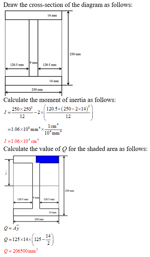Draw the cross-section of the diagram as follows: 14 mm 250 mm mm 120 mm 120.5 mm 14 mm 250 mm Calculate the moment of inerti
